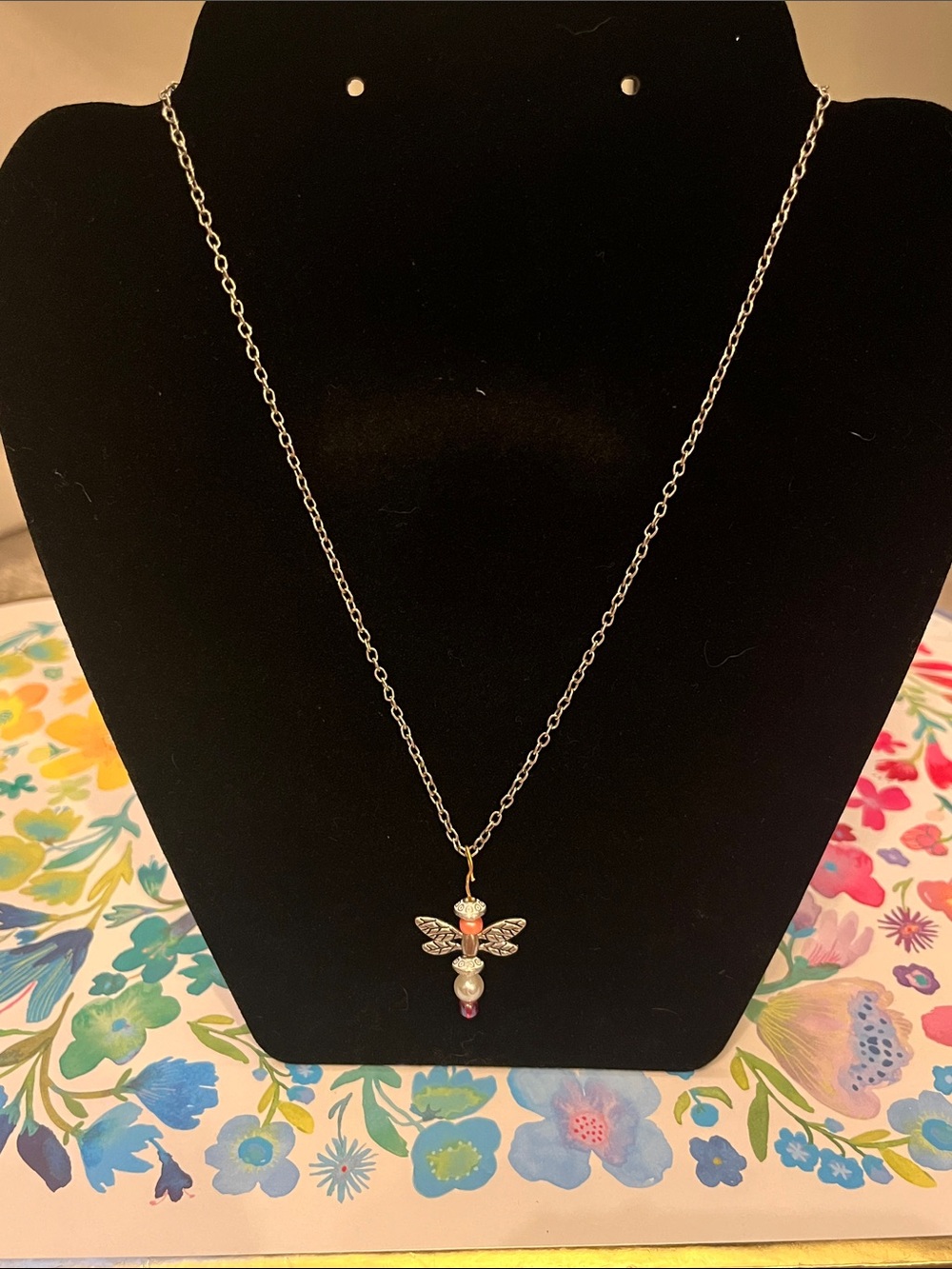 Silver Dragonfly Pendant Necklace with Pink and Pearl Accents
